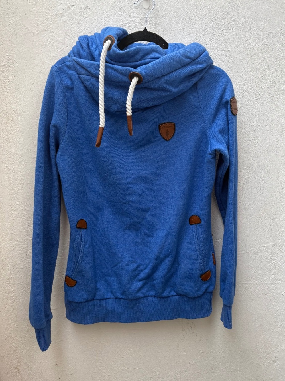 Wanakome Artemis Cowl Neck Hoodie Blue Rope Drawstring Pullover Cozy Sweatshirt